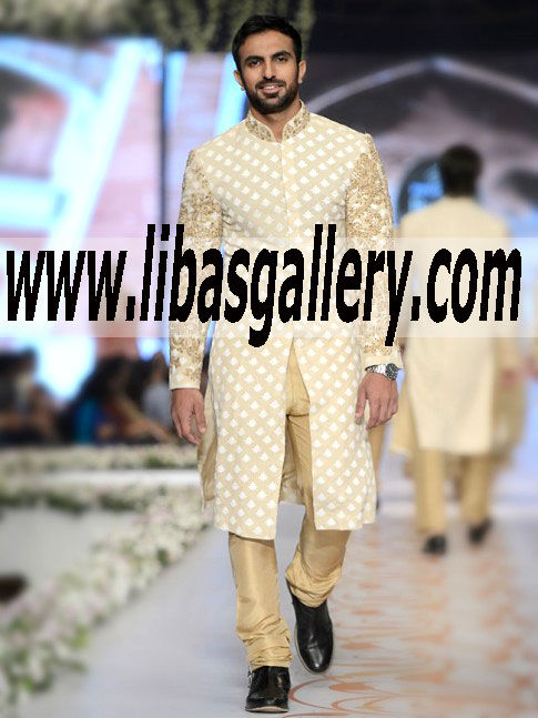 hsy attire gold antique hand embellished groom wedding sherwani dress with raw silk pants uk usa canada